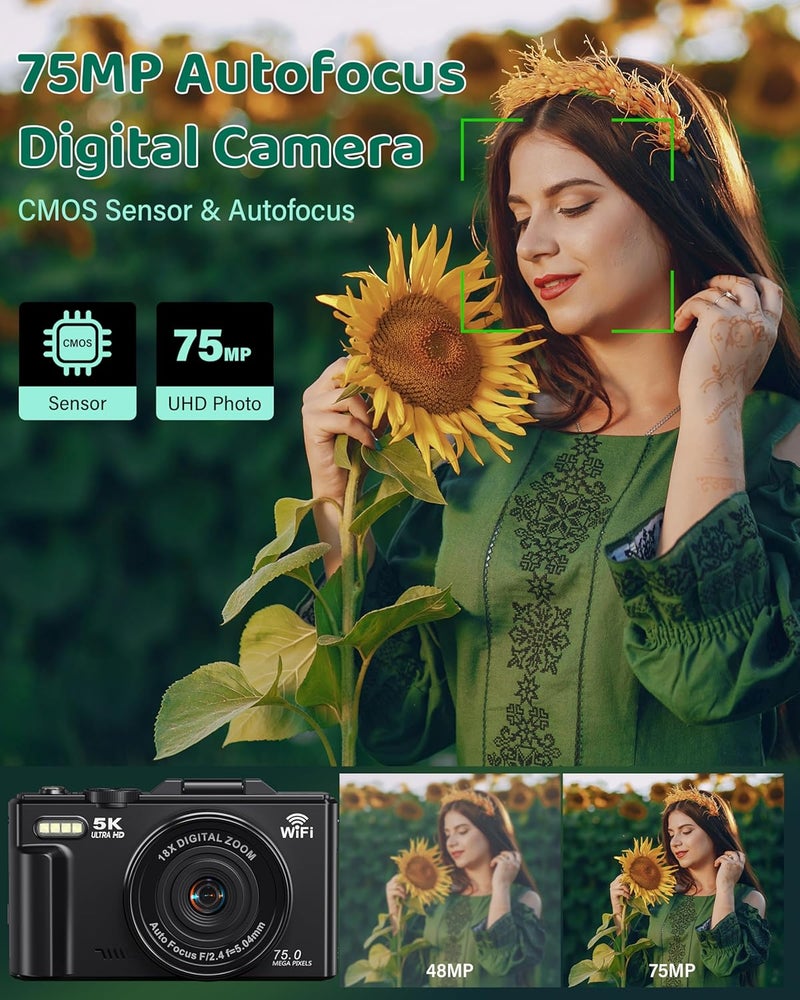 Pedtail 5K Digital Camera - WiFi 75MP Cameras for Photography - UHD Vlogging Camera for YouTube with 3" 180° Flip Screen - Autofocus Compact Video Travel Camara with 18X Zoom, 32GB SD Card, 2 Batteries - Image 2
